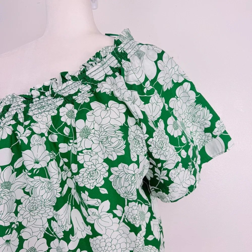 J.Crew One Shoulder Floral Top L Kelly Green Smocked Cotton Poplin Cottagecore - Picture 3 of 14